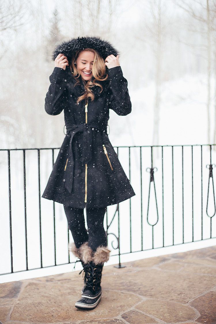 faux fur skirted coat, laundry coat, black aline coat, sorel joan of arctic boots, cute snow outfit
