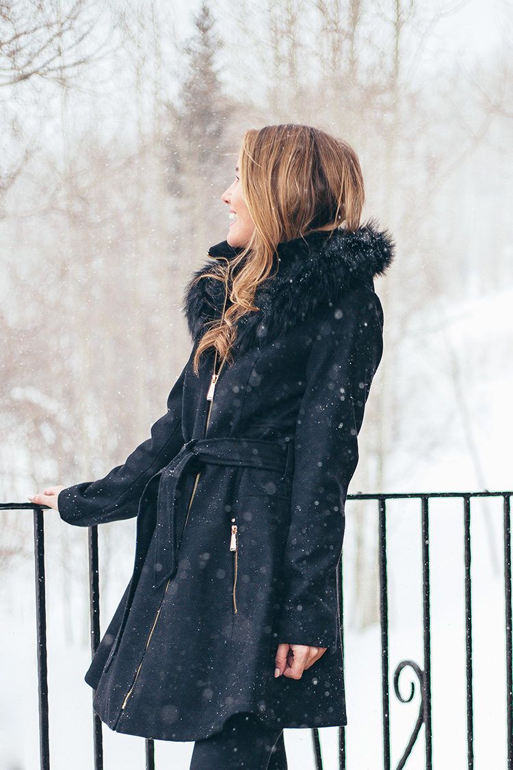 faux fur skirted coat, laundry coat, black aline coat, cute snow outfit