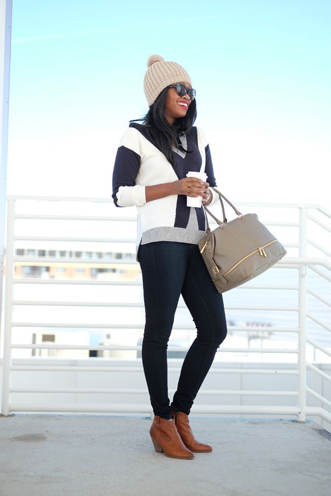ann taylor colorblock sweater, paige denim transcend skinny, hobo the original fast lane bag, winter outfit ideas, dc blogger