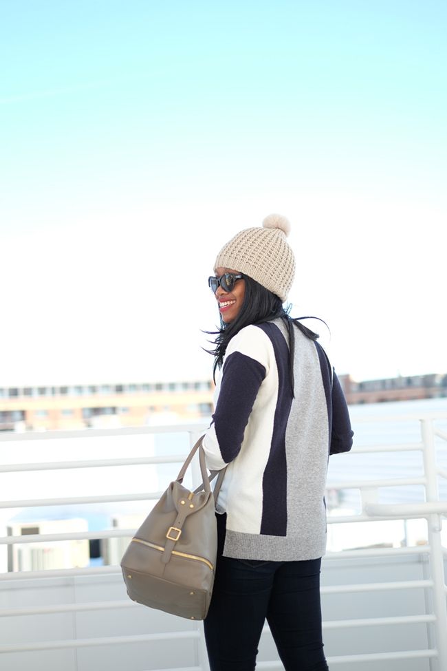 ann taylor colorblock sweater, paige denim transcend skinny, hobo the original fast lane bag,