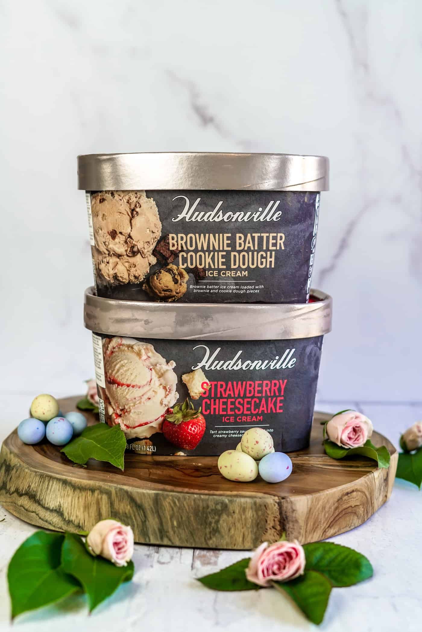 Two Hudsonville Ice Cream cartons on a platter