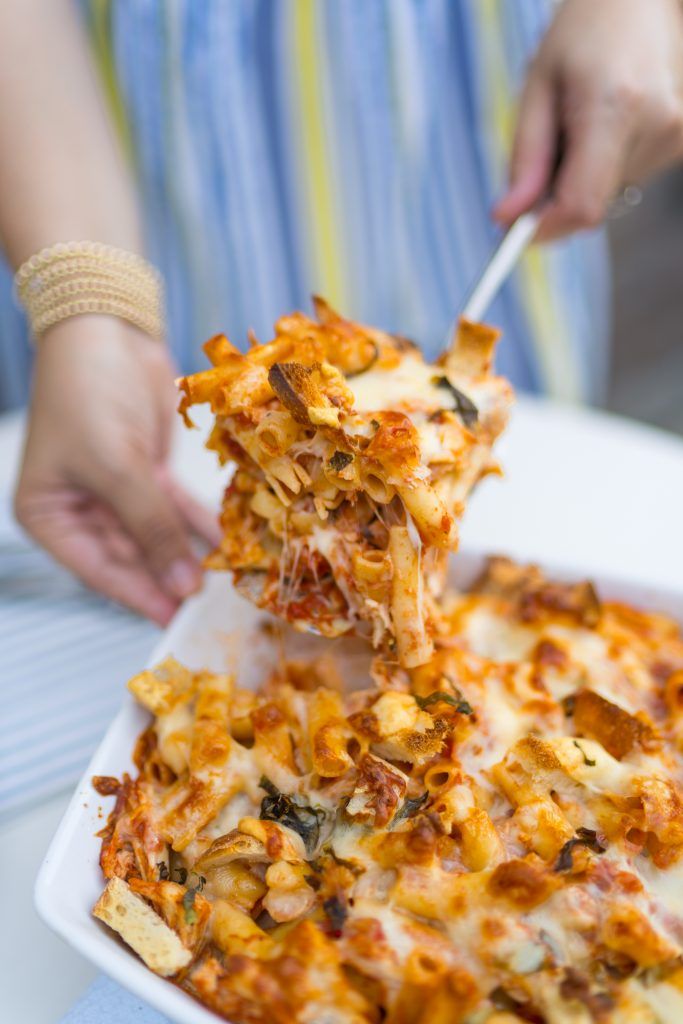 Freshly baked chicken parmesan baked ziti