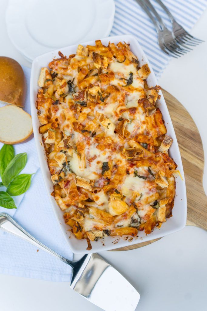 Chicken parmesan basked ziti dish