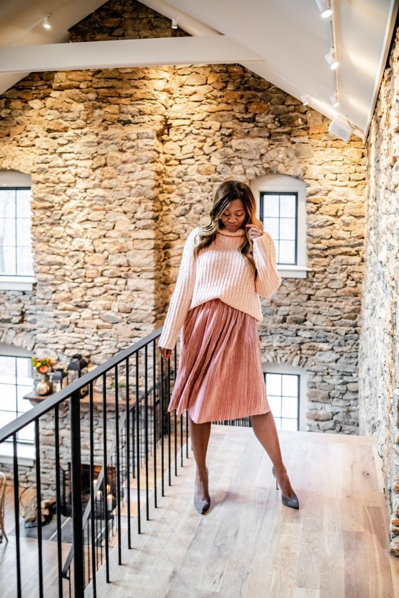 Cold Weather Essentials from Walmart featured by top US fashion blogger, Alicia Tenise: image of a woman wearing Scoop Women's Waffle Knit Turtleneck Sweater and Women's Pleated Metallic Skirt - Walmart.com