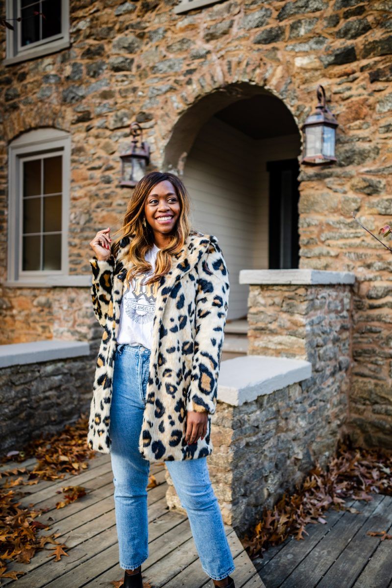 Cold Weather Essentials from Walmart featured by top US fashion blogger, Alicia Tenise: image of a woman wearing Scoop Women's Vegan Fur Leopard Printed Coat