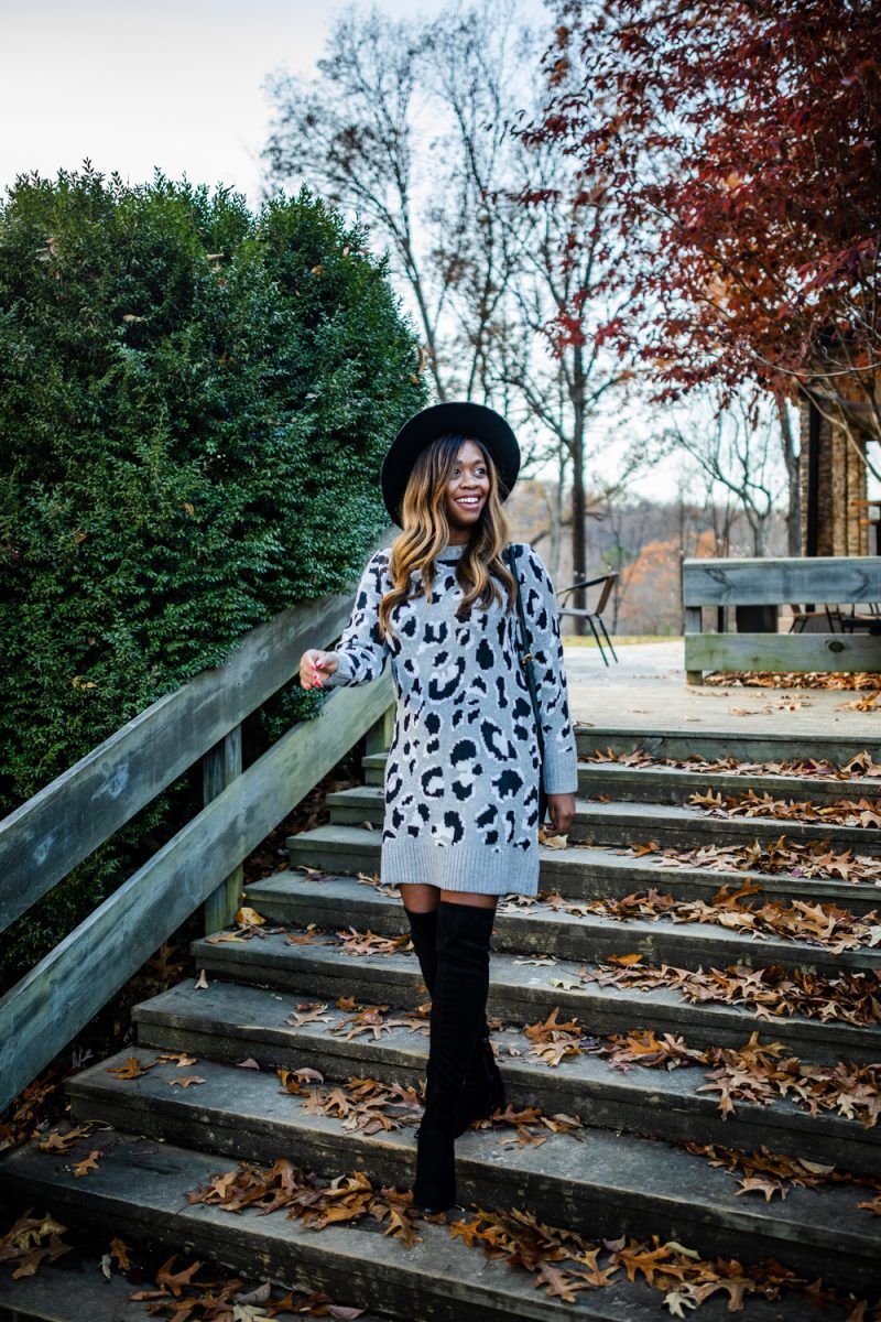 Cold Weather Essentials from Walmart featured by top US fashion blogger, Alicia Tenise: image of a woman wearing Scoop Women's Leopard Print Sweater Dress