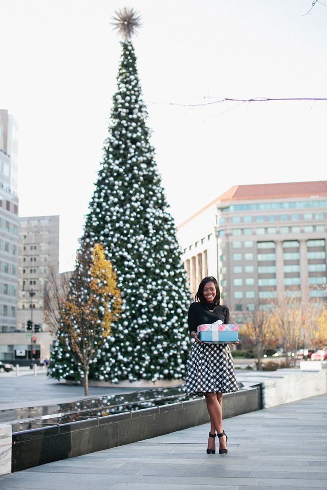 christmas outfit ideas, buffalo plaid check skirt, talbots plaid skirt, dc blogger, arlington fashion blog, citycenterdc christmas tree