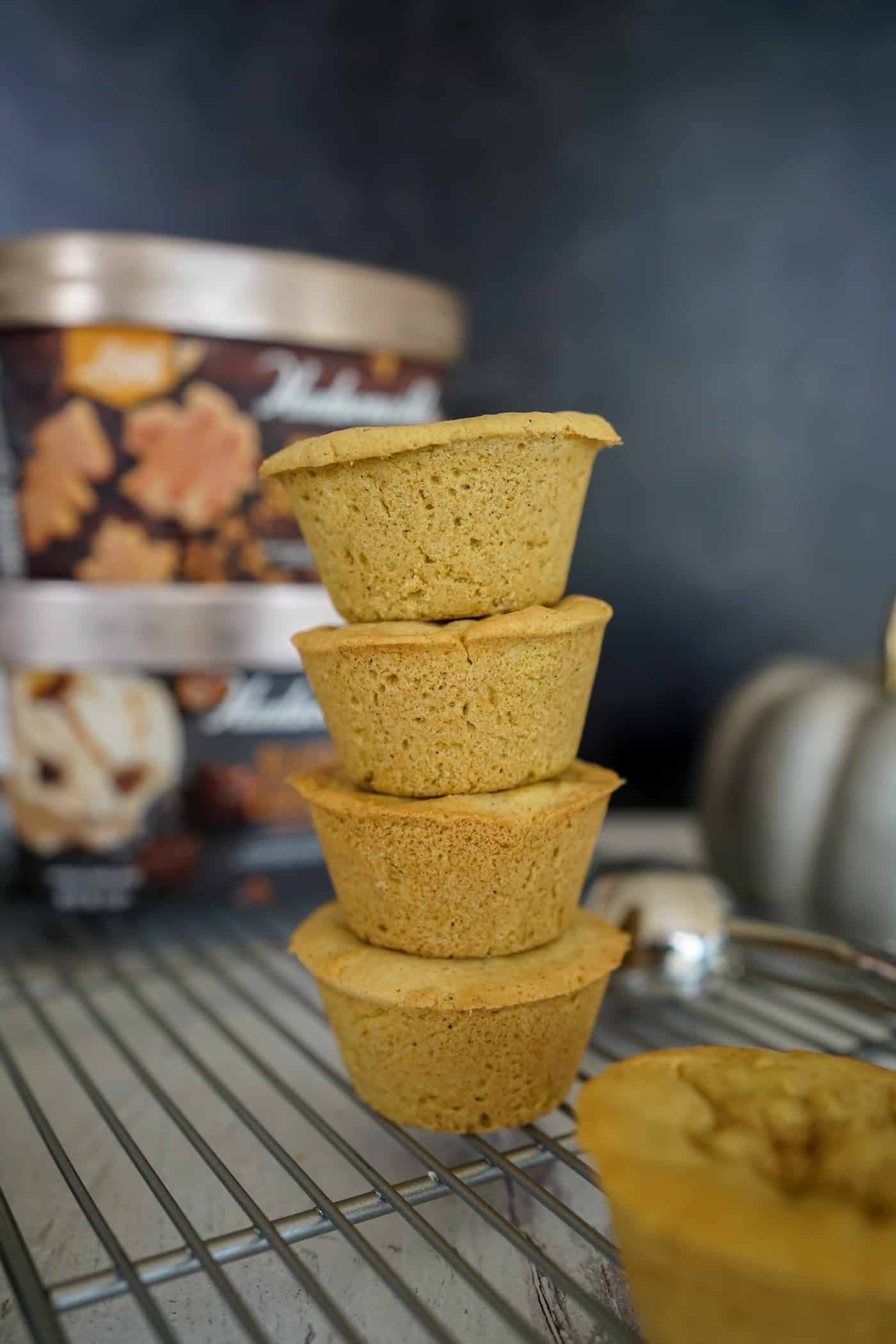 A tall stack of pumpkin spice cookie cups with Hudsonville ice cream