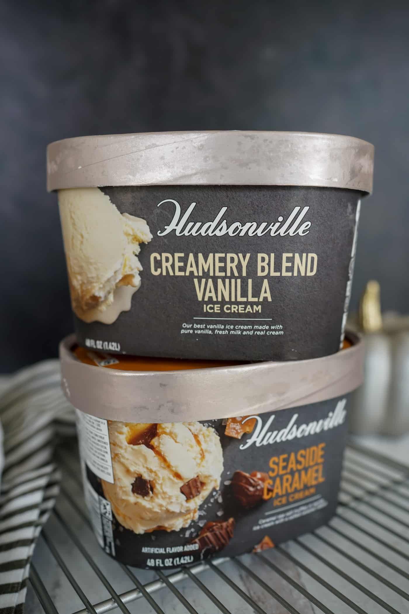 A stack of Hudsonville Creamy Vanilla Blend and Seaside Caramel ice cream