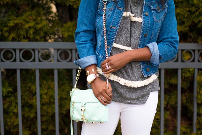 rebecca minkoff mini mac, blank nyc white jeans, michael kors runway watch