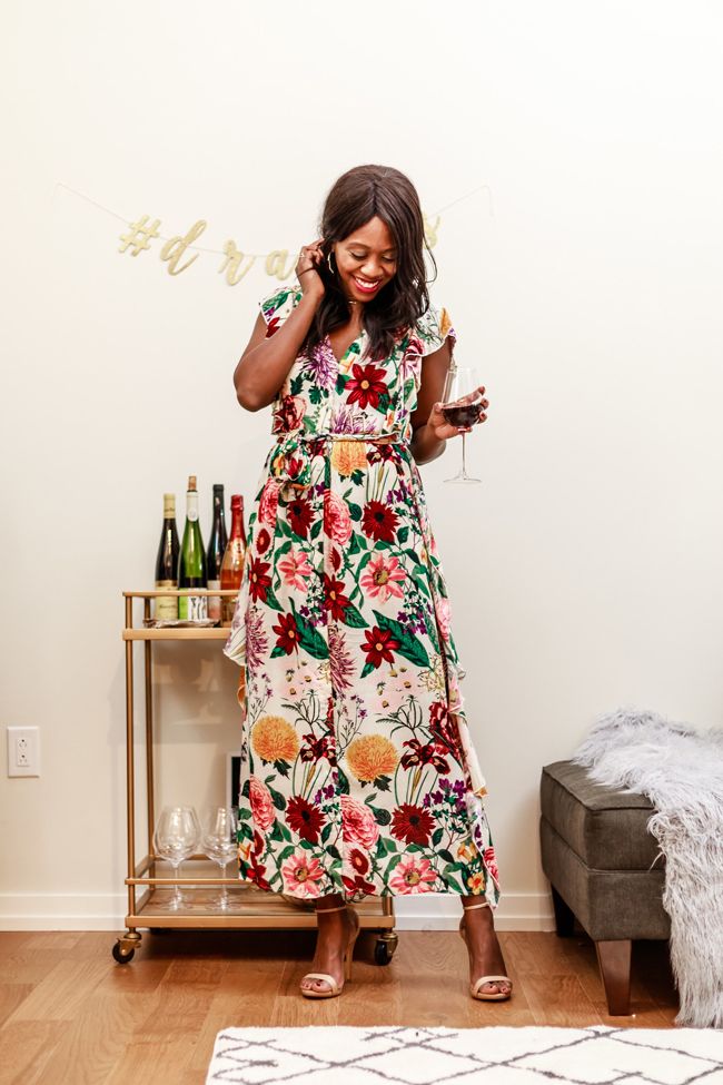 Thanksgiving Bar Cart, Floral Fall Dress - Two Thanksgiving Outfit Ideas by Washington DC fashion blogger Alicia Tenise