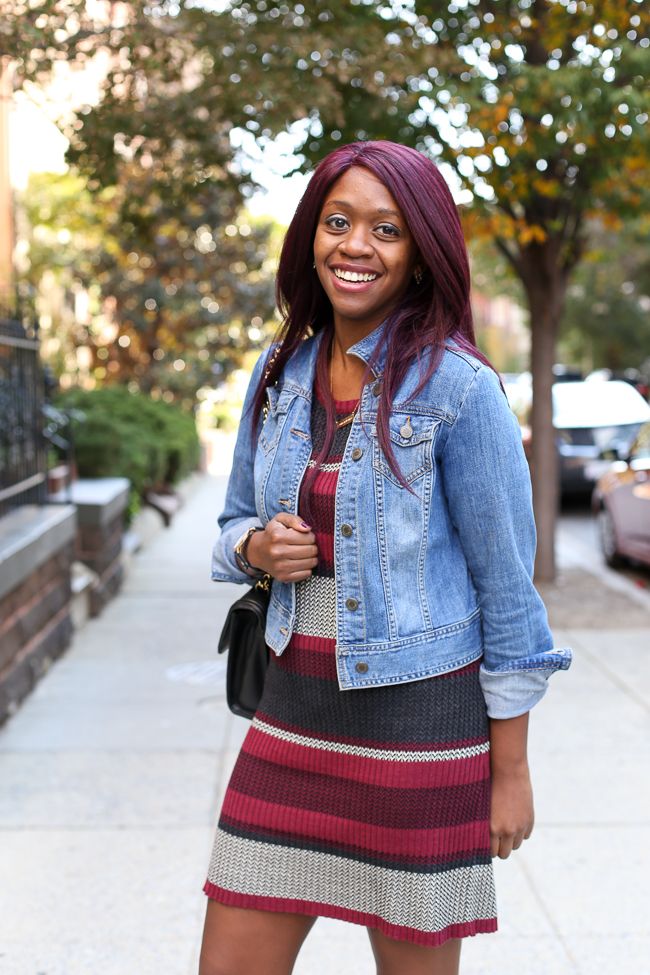 Oxblood Striped Sweater Dress, Denim Jacket