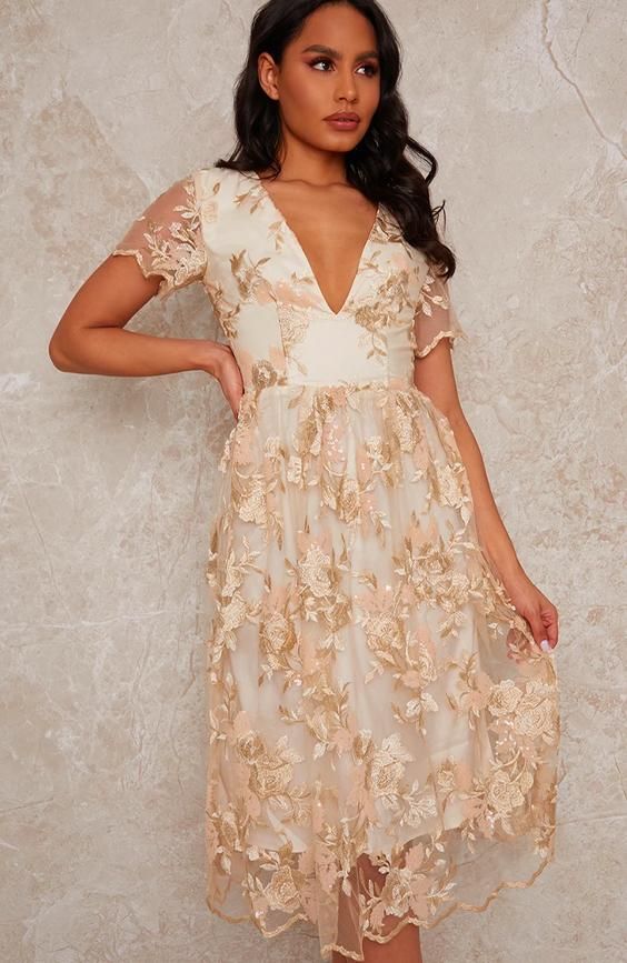 Lace Midi V Neck Midi Dress in Neutral