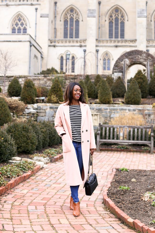 D.C. blogger Alicia Tenise styles the Topshop Longline Slouch Coat in Blush J.Crew Striped Tulle T-Shirt Madewell Skinny Jeans and Frye Booties