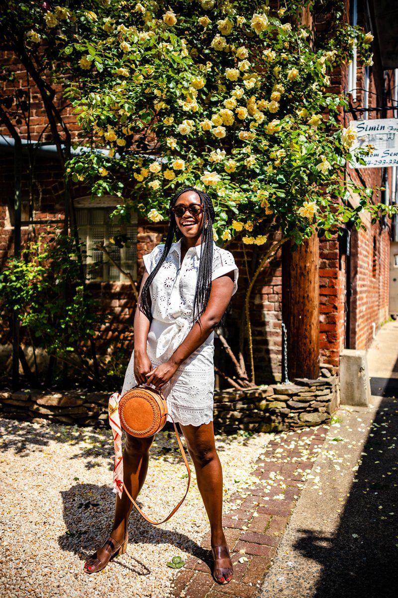 Weight Fluctuation featured by top US life and style blogger Alicia Tenise; Image of a woman wearing Veronica Beard dress, Sole Society handbag, Schutz shoes, & Other Stories sunglasses, Madewell bandana and Kendra Scott earrings.