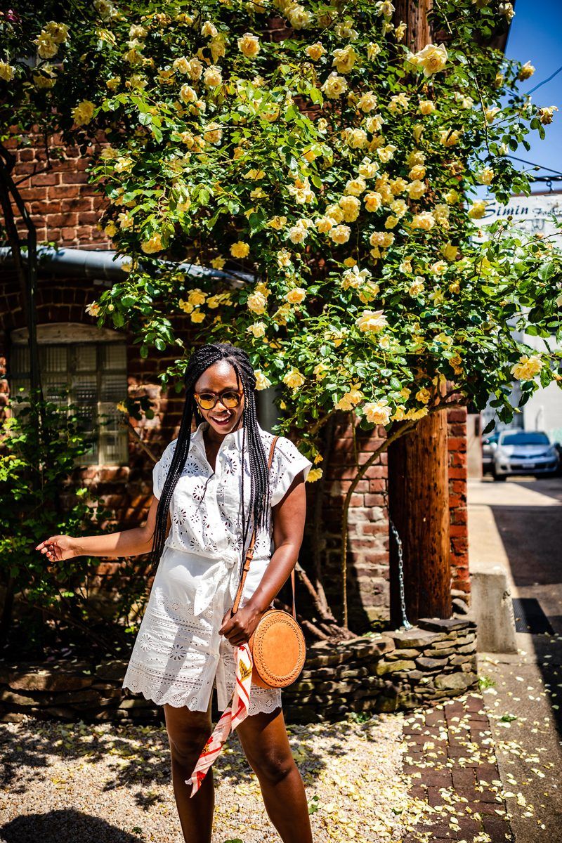 Weight Fluctuation featured by top US life and style blogger Alicia Tenise; Image of a woman wearing Veronica Beard dress, Sole Society handbag, Schutz shoes, & Other Stories sunglasses, Madewell bandana and Kendra Scott earrings.