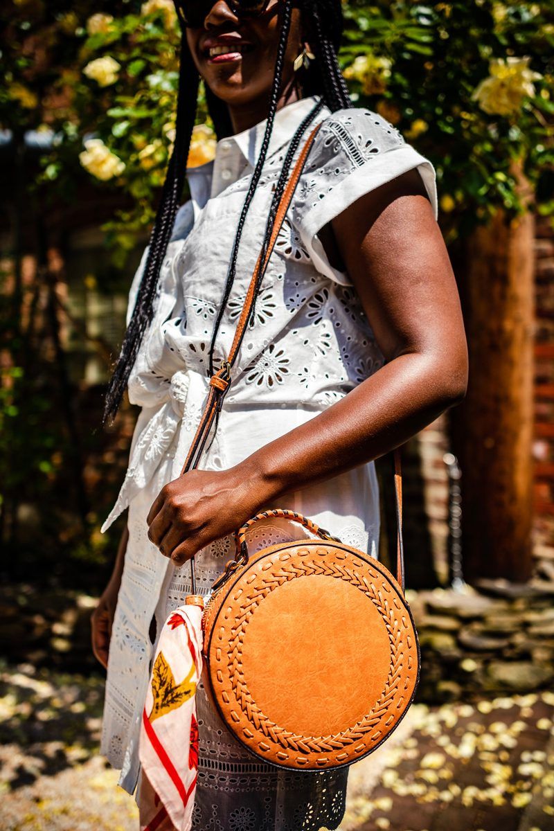 Weight Fluctuation featured by top US life and style blogger Alicia Tenise; Image of a woman wearing Veronica Beard dress, Sole Society handbag, Schutz shoes, & Other Stories sunglasses, Madewell bandana and Kendra Scott earrings.
