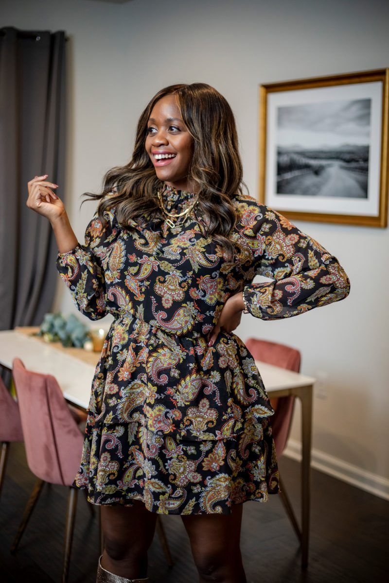Scoop Women's Tiered High Neck Dress | Holiday Outfits by popular D.C. fashion blogger, Alicia Tenise: image of Alicia Tenise wearing a Walmart Scoop Women's Tiered High Neck Dress and Walmart Scoop Women’s Poppy High Heeled Metallic Boots.