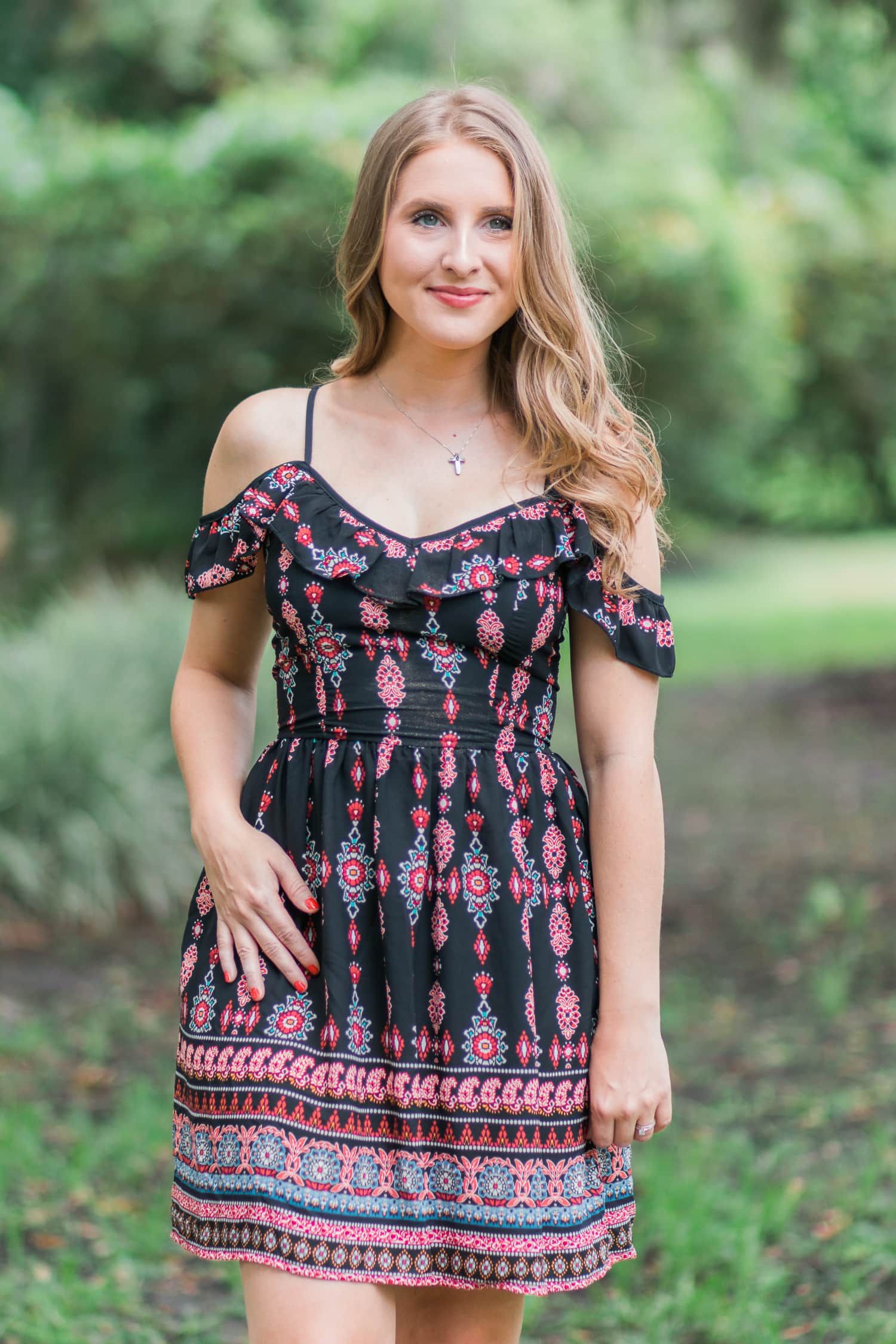 A girl can never own too many dresses- especially in the summertime! My go-to summer date night look is an off-the-shoulder sundress with cognac lace-up heels and soft curls. In addition to being a cute summer outfit idea, it's also extremely affordable. Everything in this look is under $40! Click through this pin to see the full look from Ashley Brooke Nicholas! | #MyHCLook sponsored by Hair Cuttery