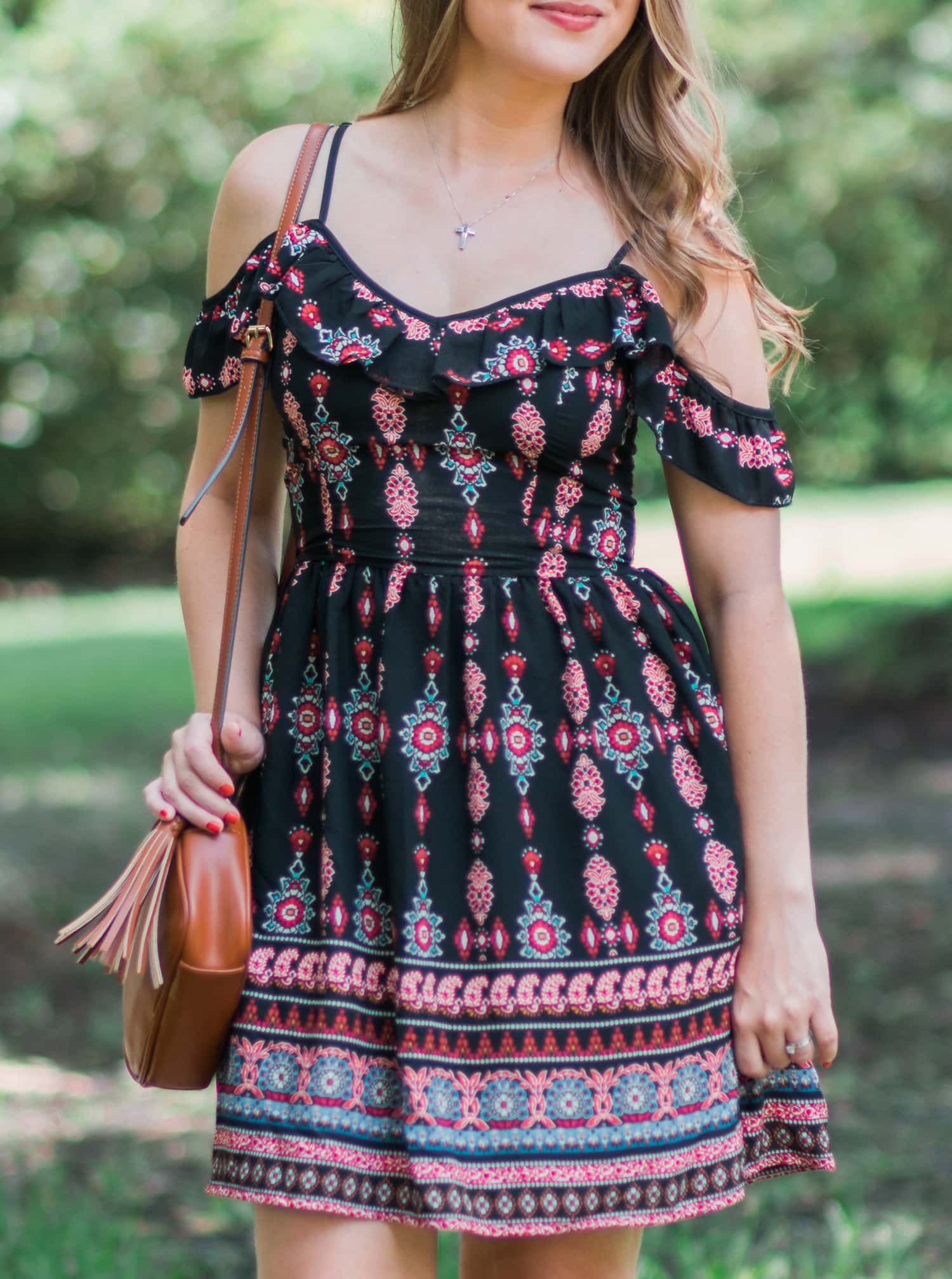 A girl can never own too many dresses- especially in the summertime! My go-to summer date night look is an off-the-shoulder sundress with cognac lace-up heels and soft curls. In addition to being a cute summer outfit idea, it's also extremely affordable. Everything in this look is under $40! Click through this pin to see the full look from Ashley Brooke Nicholas! | #MyHCLook sponsored by Hair Cuttery