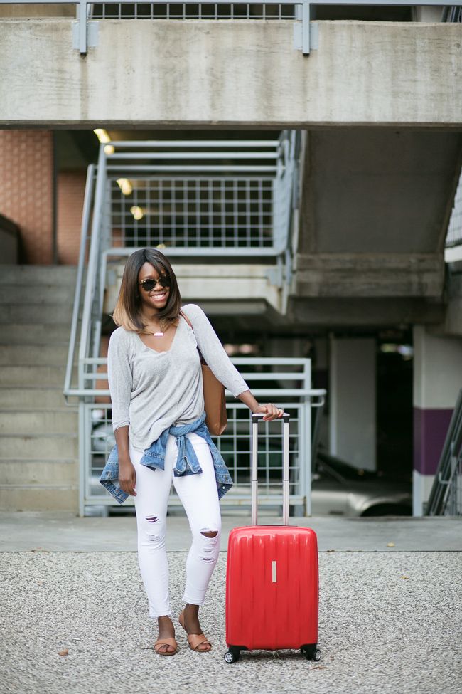 airport style, travel outfit ideas, red suitcases