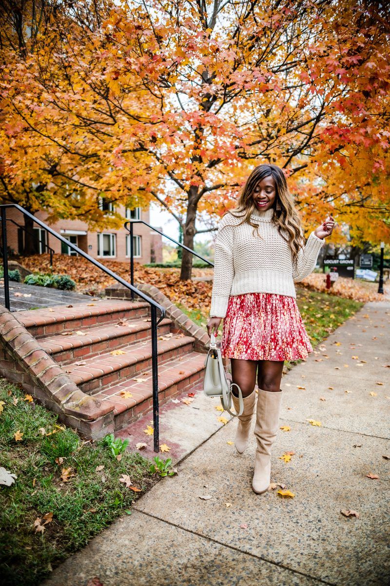 Free People My Only Sunshine Sweater, Free People Heartbeats Minidress, Vince Camuto Nestel Knee High Boot | My Favorite Nordstrom Fall Boots by popular Washington DC fashion blogger, Alicia Tenise: image of a woman outside wearing Nordstrom Vince Camuto Nestel Knee High Boot and Nordstrom Free People Heartbeats Minidress.