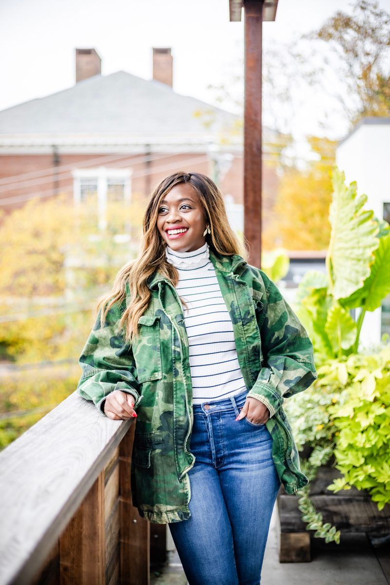 Camo Jacket for Fall, Free People Seize The Day Jacket | My Favorite Nordstrom Fall Boots by popular Washington DC fashion blogger, Alicia Tenise: image of a woman wearing a Nordstrom Free People Seize The Day Jacket, Nordstrom Madewell Morris Stripe Wide Sleeve Turtleneck, Nordstrom Mother The Stunner Frayed Step Hem Skinny Jeans, and Nordstrom Marc Fisher LTD Alva Bootie.