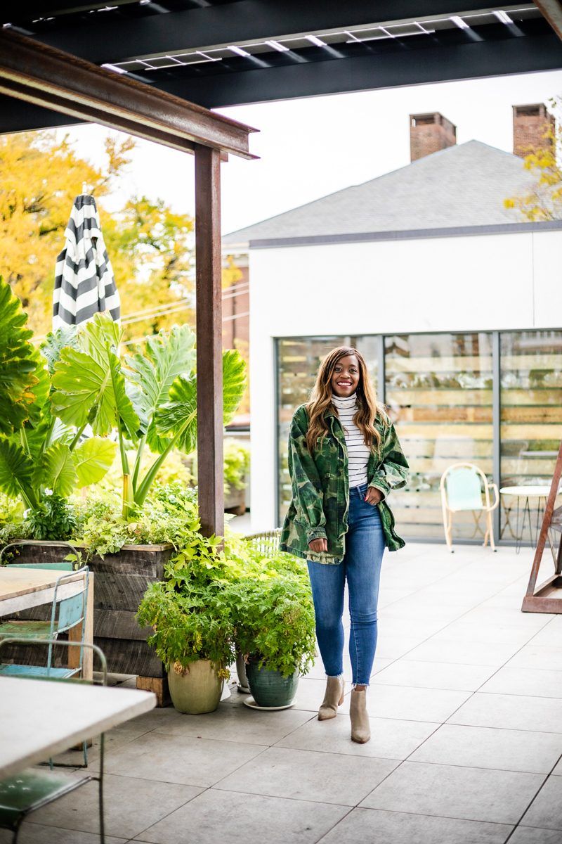 Free People Seize The Day Jacket, Mother The Stunner Frayed Step Hem Skinny Jeans | My Favorite Nordstrom Fall Boots by popular Washington DC fashion blogger, Alicia Tenise: image of a woman wearing a Nordstrom Free People Seize The Day Jacket, Nordstrom Madewell Morris Stripe Wide Sleeve Turtleneck, Nordstrom Mother The Stunner Frayed Step Hem Skinny Jeans, and Nordstrom Marc Fisher LTD Alva Bootie.