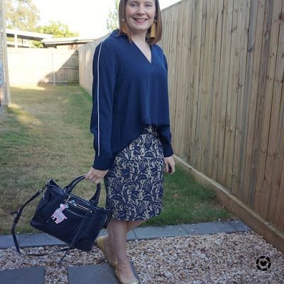 awayfromtheblue Instgagram blouse and pencil skirt monochrome lace business casual spring outfit