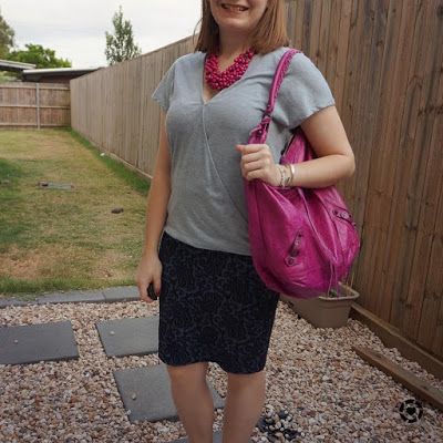 awayfromblue Instgaram | summer office otufit wrap tee with jacquard pencil skirt magenta statement necklace balenciaga bag