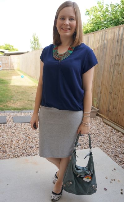 navy wrap top with statement necklace and grey jersey pencil skirt, printed flats summer office outfit | awayfromblue