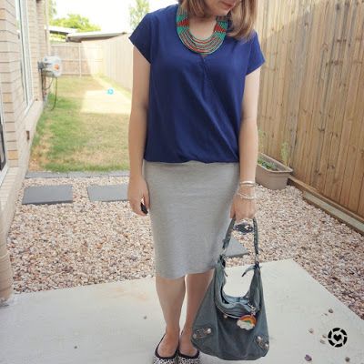 awayfromtheblue instagram | navy wrap top with grey jersey pencil skirt beaded statement necklace summer office outfit
