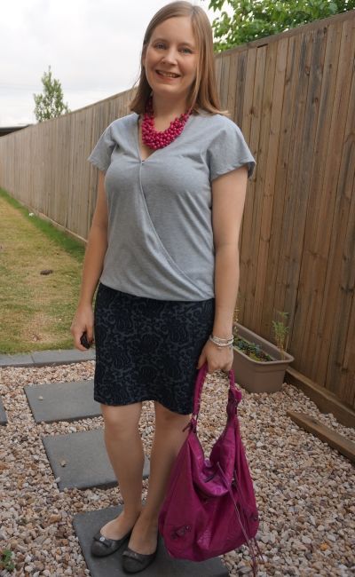 grey jersey wrap tee with jacquard navy pencil skirt and pink accessories | away from blue