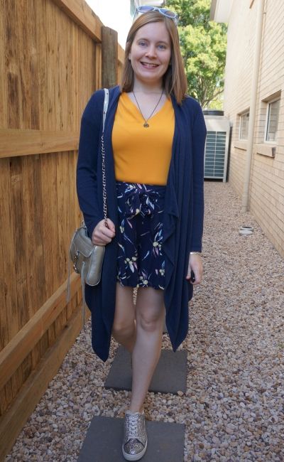 mustard tee with navy cardigan and printed kmart shorts glitter sneakers SAHM spring style | away from blue
