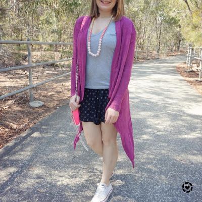 awayfromtheblue Instagram | magenta purple cardigan with grey tee printed shorts converse sahm spring style pink mini mac bag