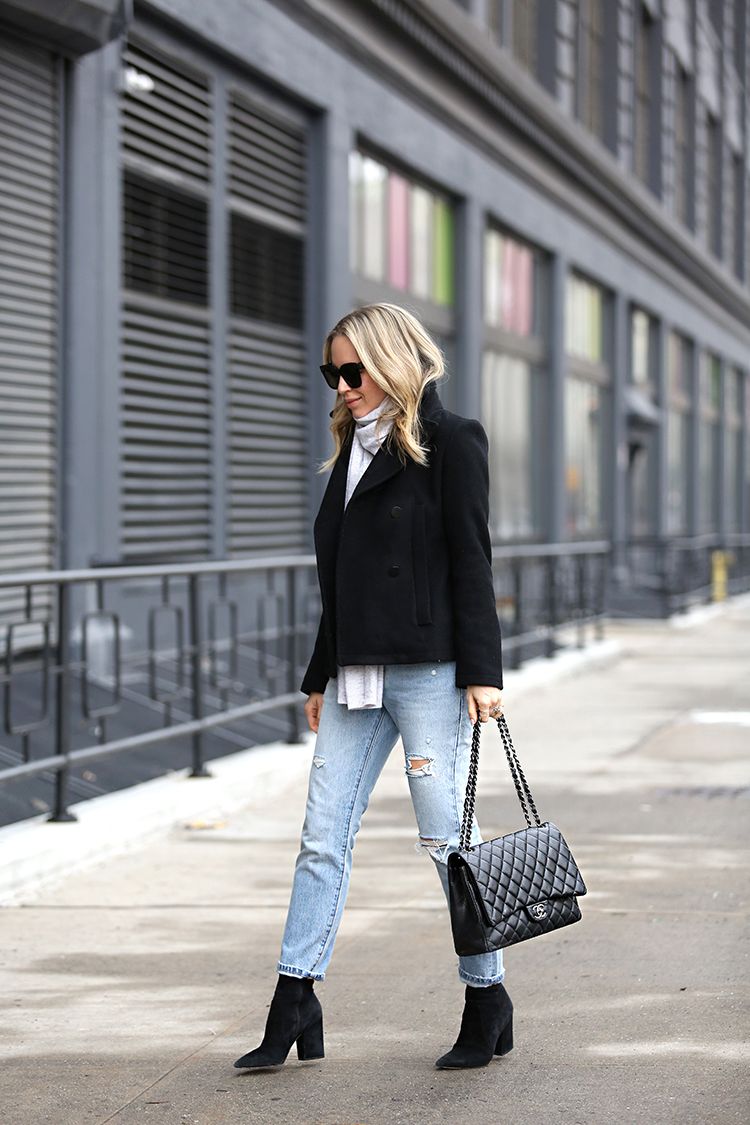 Winter Outfit Ideas, Peacoat, Boyfriend Jeans, Chanel Maxi bag, Helena of Brooklyn Blonde