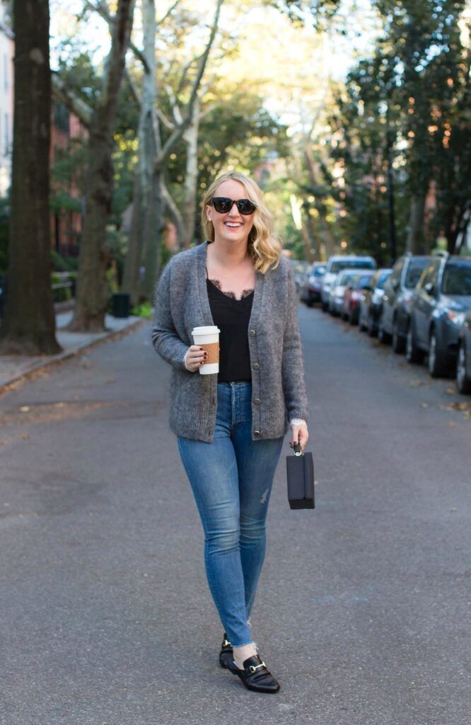Boyfriend Cardigan with Lace Trimmed Sleeves
