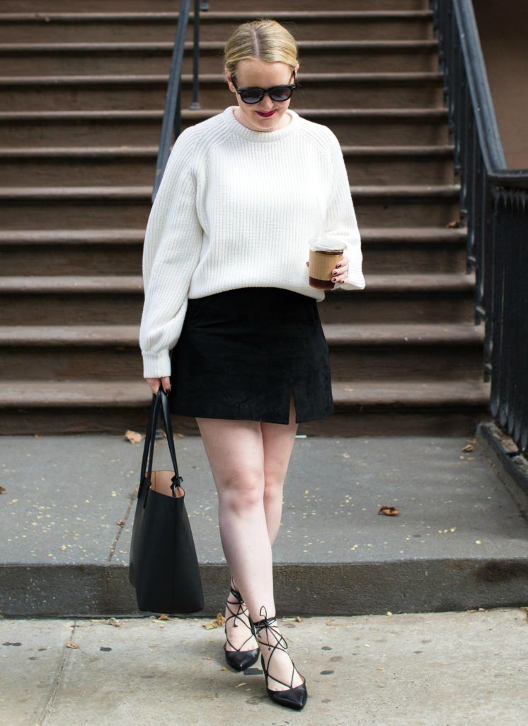 Meghan Donovan of wit & whimsy wears a Demylee Sweater + Suede Skirt