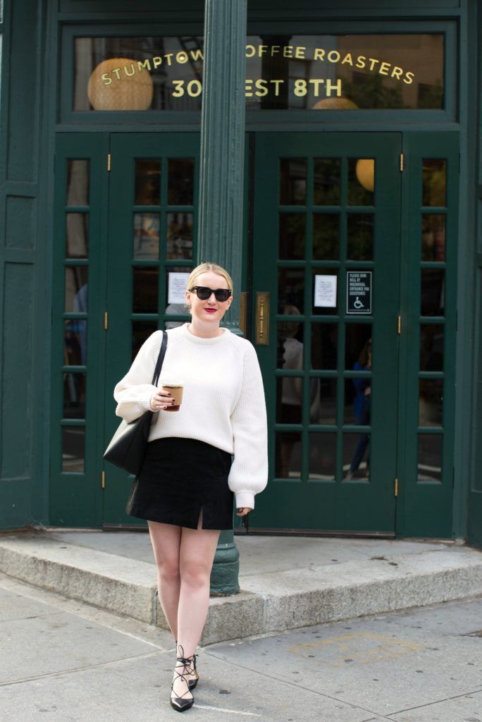 Meghan Donovan of wit & whimsy wears a Demylee Sweater + Suede Skirt