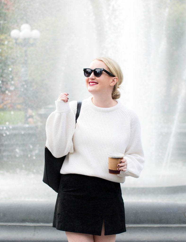 Meghan Donovan of wit & whimsy wears a Demylee Sweater + Suede Skirt