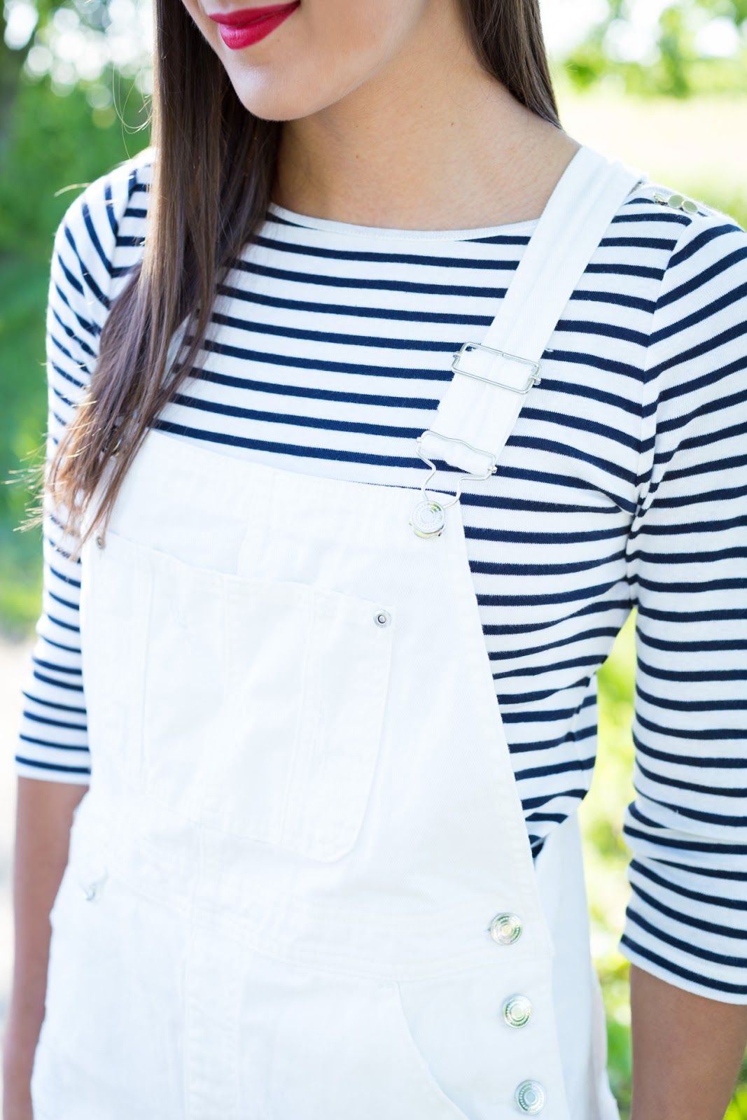 White Overalls Navy Stripe Tee // A Southern Drawl