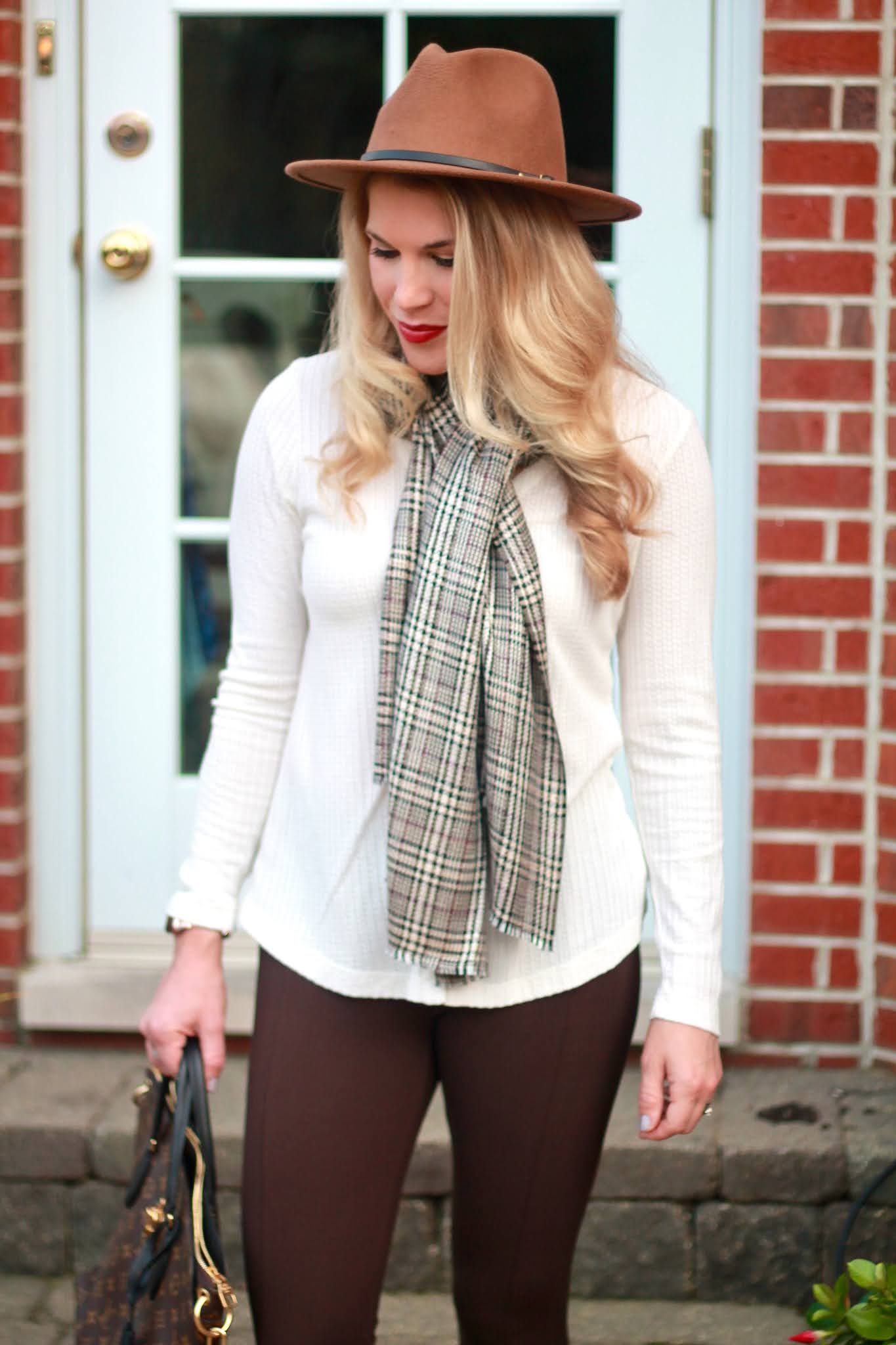 brown leggings, casual fall outfit, white henley, aventura fall, brown plaid scarf,