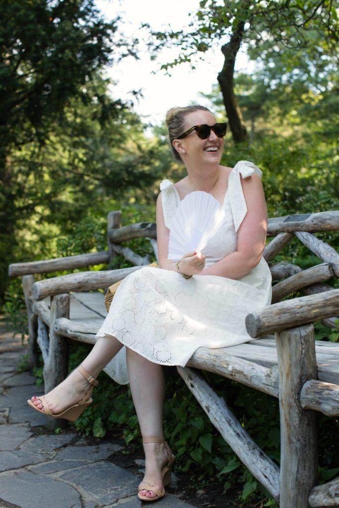 Meghan Donovan of wit & whimsy wears an eyelet dress in Central Park