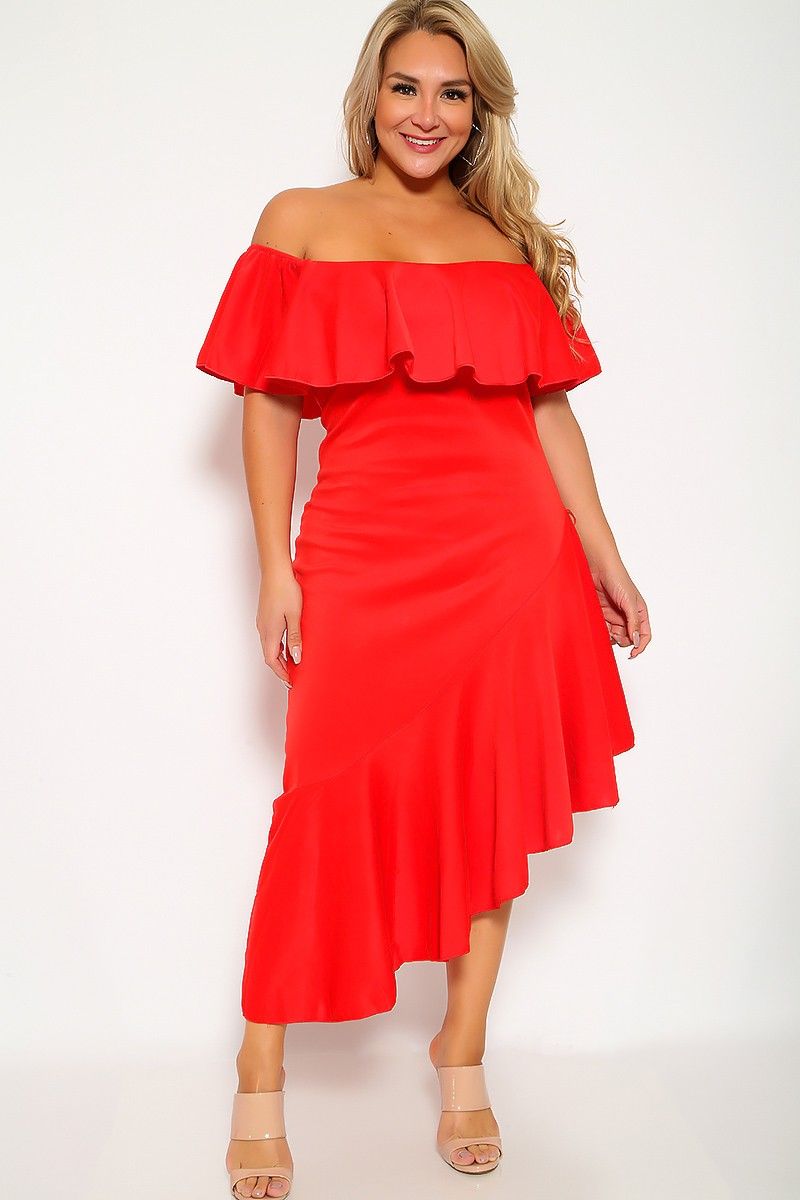 Sexy Red Plus Size Off The Shoulder Ruffled Party Dress