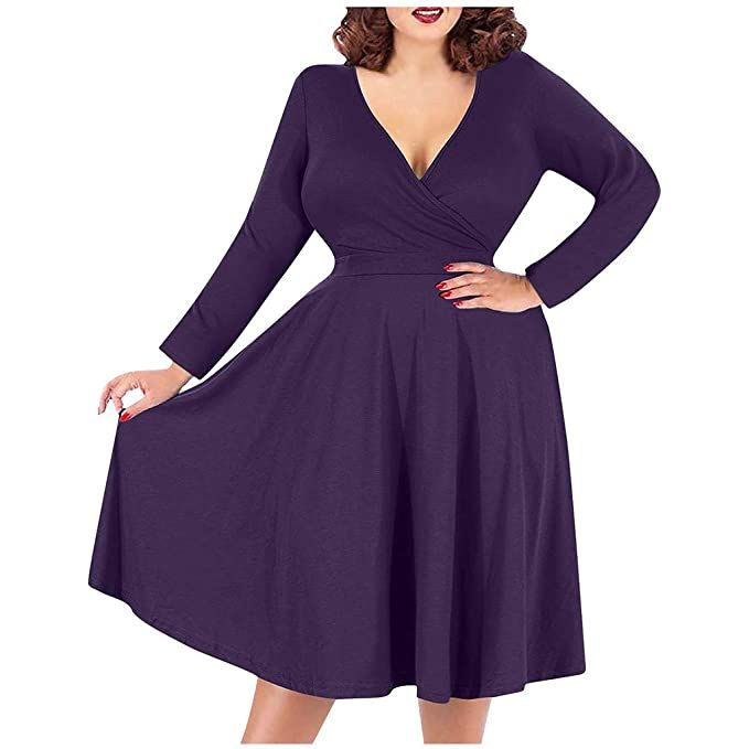 Outtop(TM) Women's Gown A-Line Casual Maxi Dress Plus Size V-Neck Solid Color Long-Sleeved High Waist Formal Dress