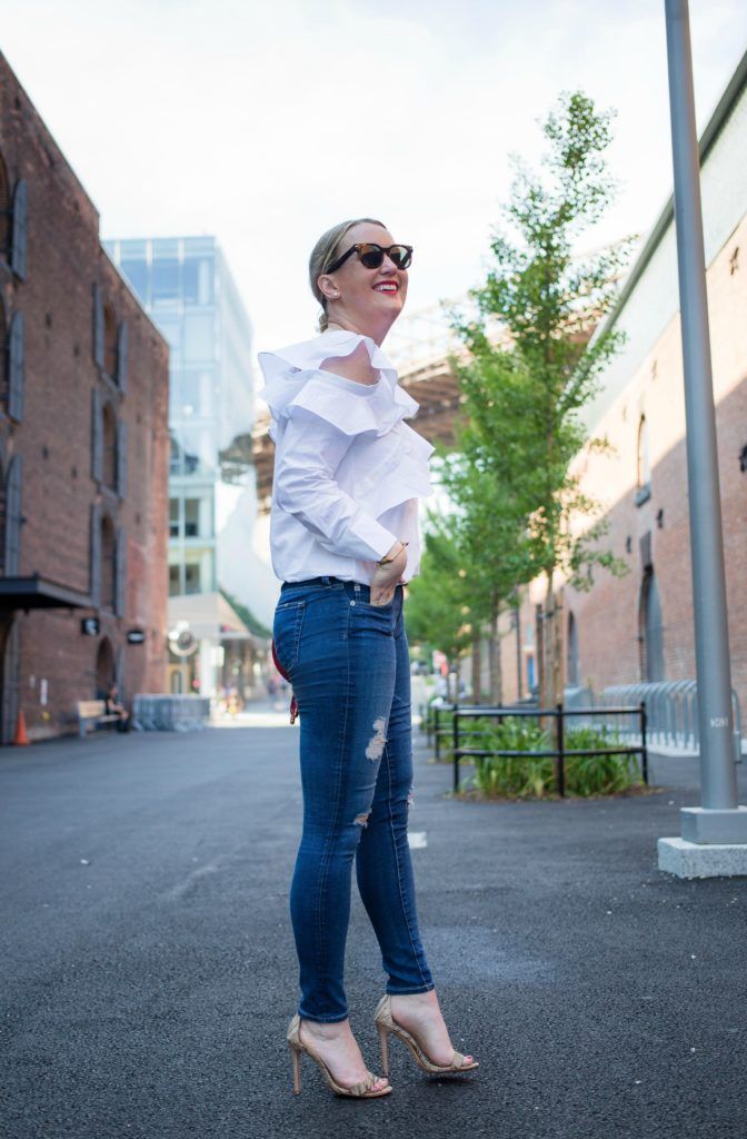 Meghan Donovan of wit & whimsy wears AG Denim and STYLEKEEPERS top