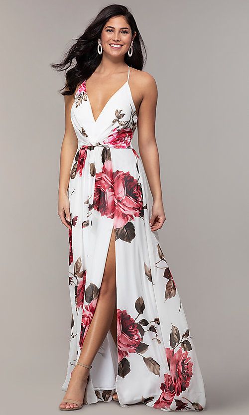 Floral-Print Long V-Neck Prom Dress by Simply