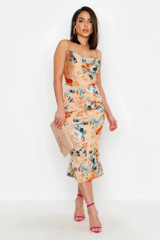 Satin Floral Cowl Flute Hem Slip Dress