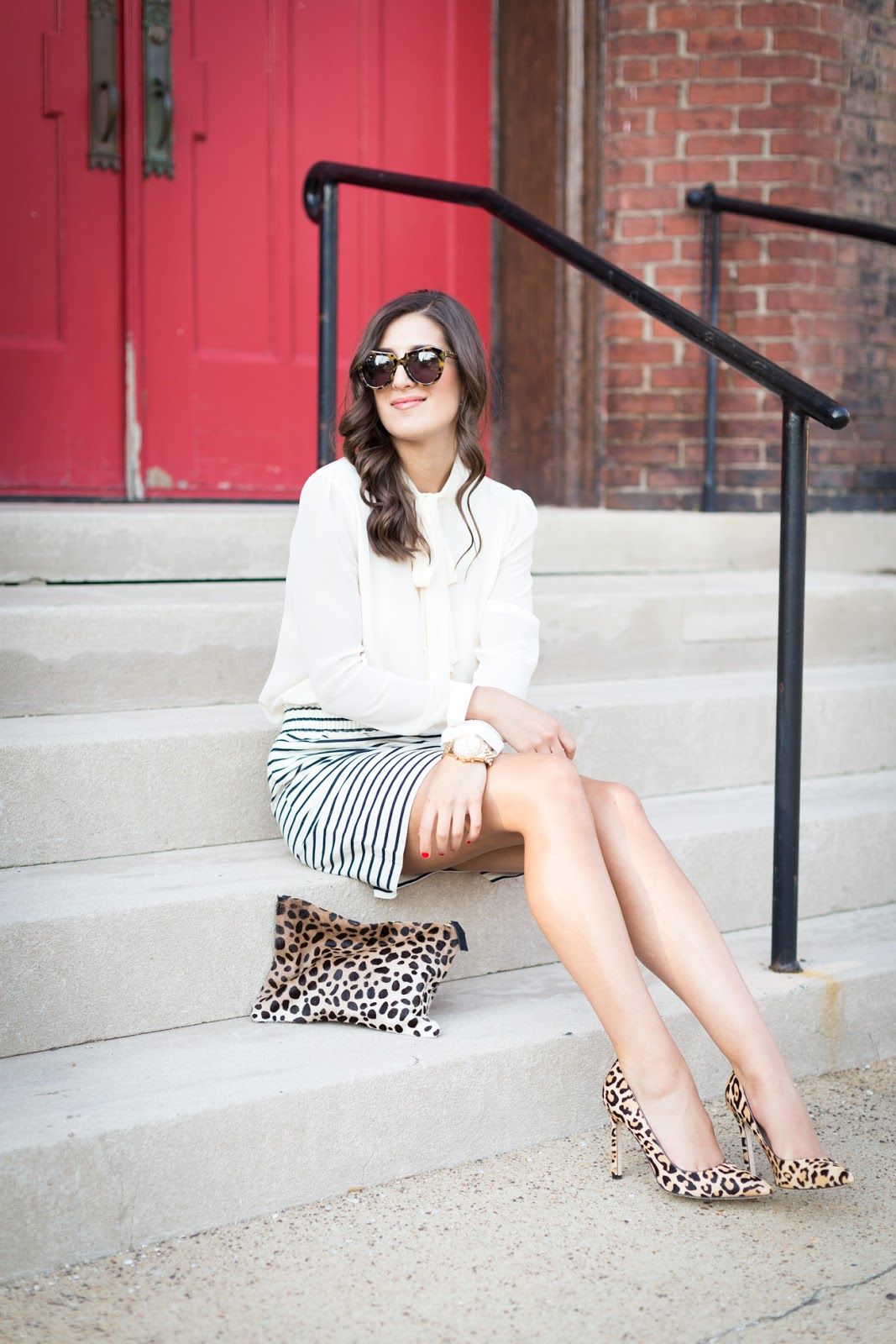 stripe skirt preppy work outfit ideas pattern mixing
