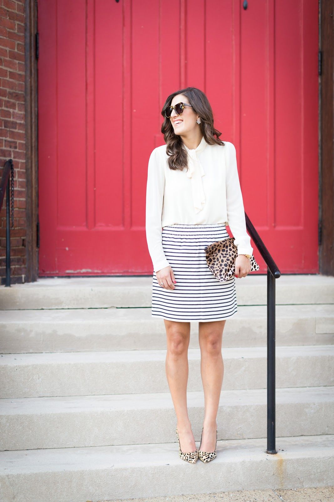 stripe skirt preppy work outfit ideas pattern mixing